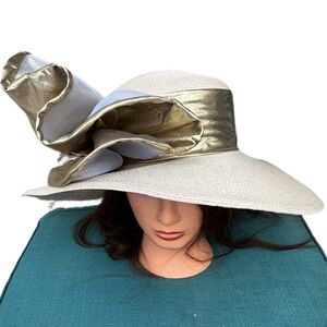 JODY J FOR SILVIA Vintage Elegant Wide-Brim Women's Hat Cream with Gold Accent